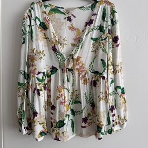 Lucky Brand Floral Boho Peplum Blouse Tie Front Long Sleeve Medium